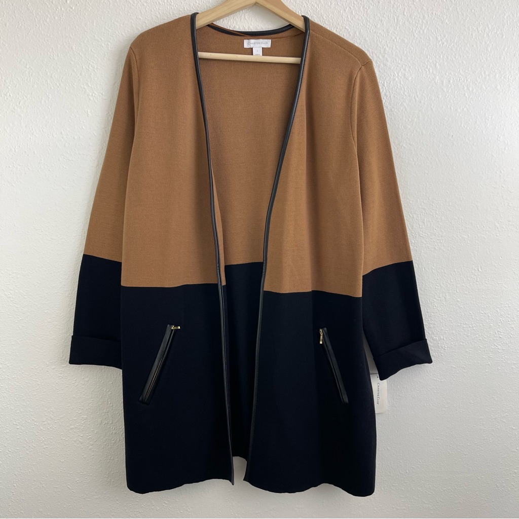 Charter Club Camel Brown Black Colorblock Thick Knit Open Drape Cardigan New